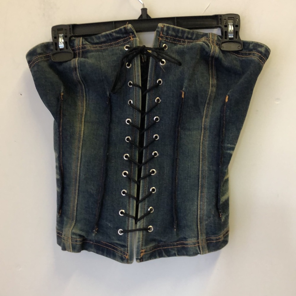 Bebe Blue Distressed Denim Lace Up Corset Top